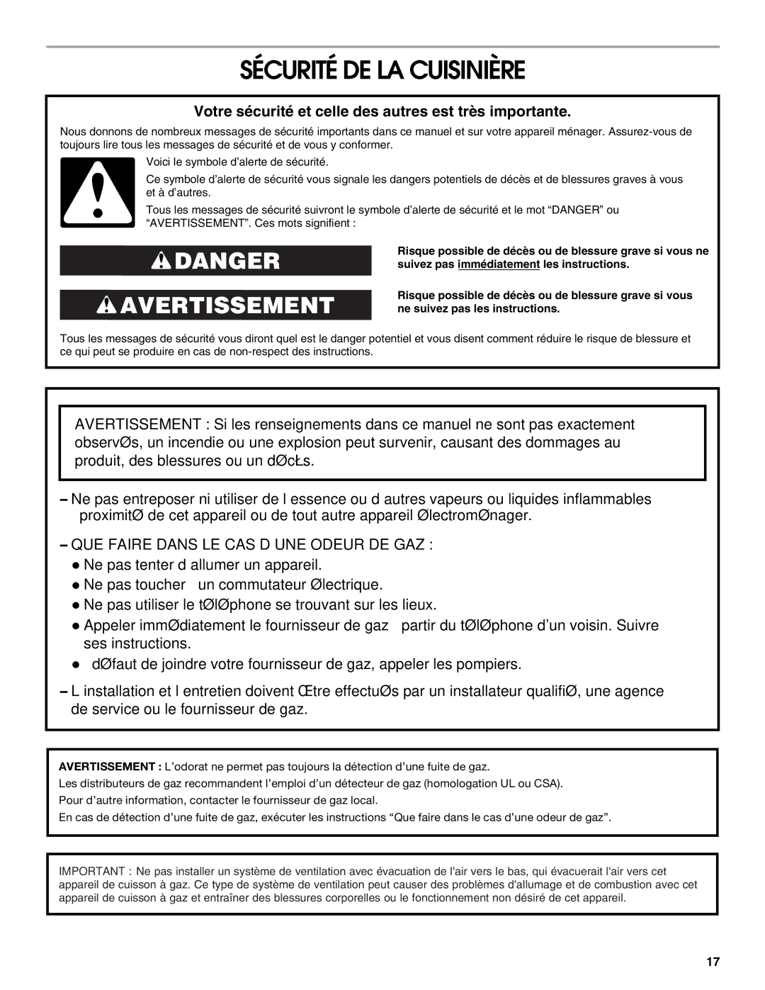 Whirlpool W10477533B Sécurité DE LA Cuisinière, Votre sécurité et celle des autres est très importante 