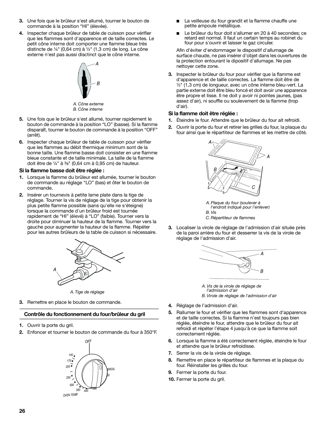 Whirlpool W10477533B Si la flamme basse doit être réglée, Contrôle du fonctionnement du four/brûleur du gril 