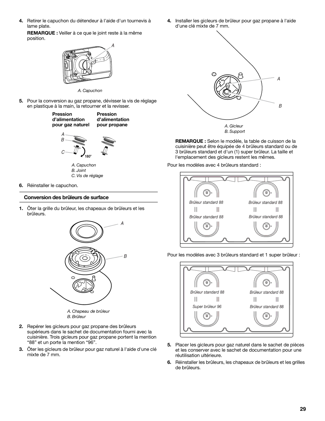 Whirlpool W10477533B Conversion des brûleurs de surface, Pression ’alimentation Pour gaz naturel Pour propane 