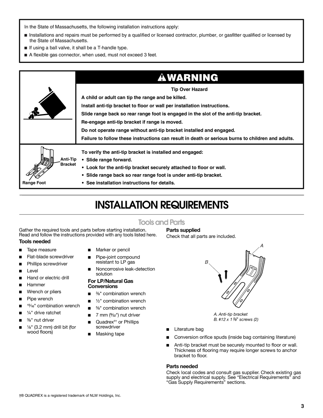 Whirlpool W10477533B installation instructions Installation Requirements, Tools and Parts 