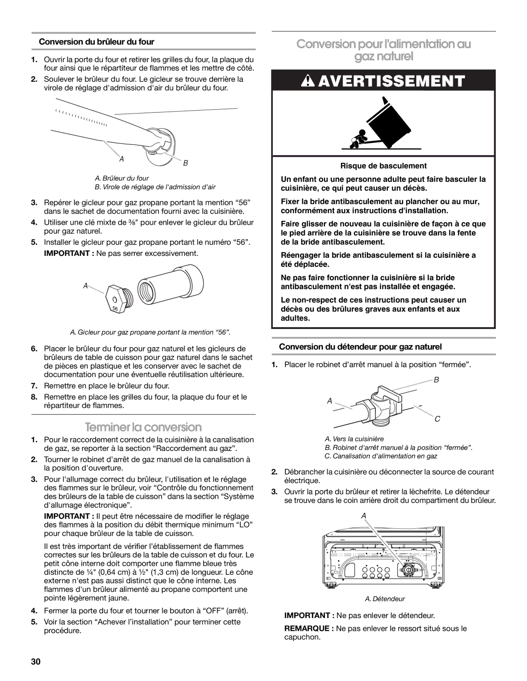 Whirlpool W10477533B Terminer la conversion, Conversion pour lalimentation au Gaz naturel, Conversion du brûleur du four 