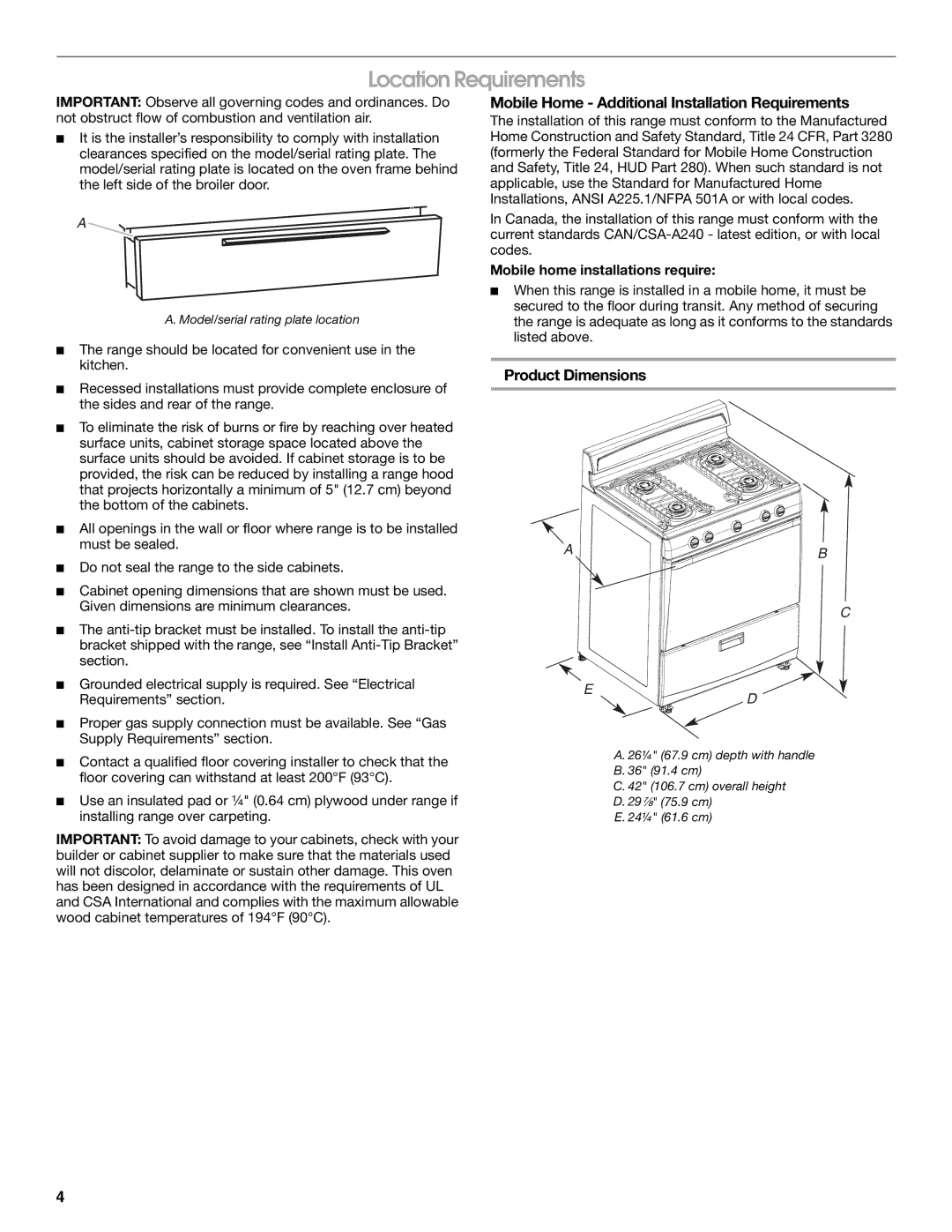 Whirlpool W10477533B Location Requirements, Mobile Home Additional Installation Requirements, Product Dimensions 