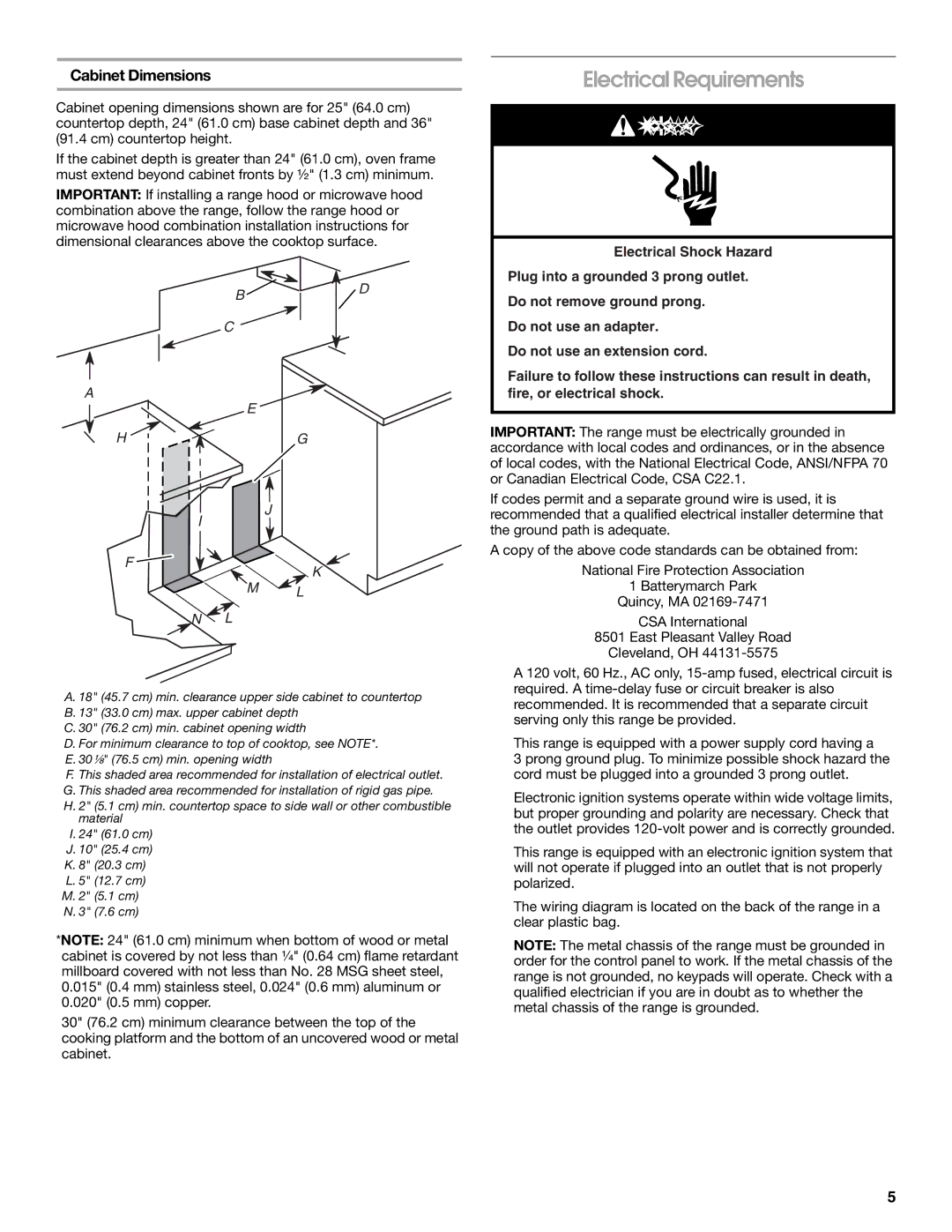 Whirlpool W10477533B installation instructions Electrical Requirements, Cabinet Dimensions 