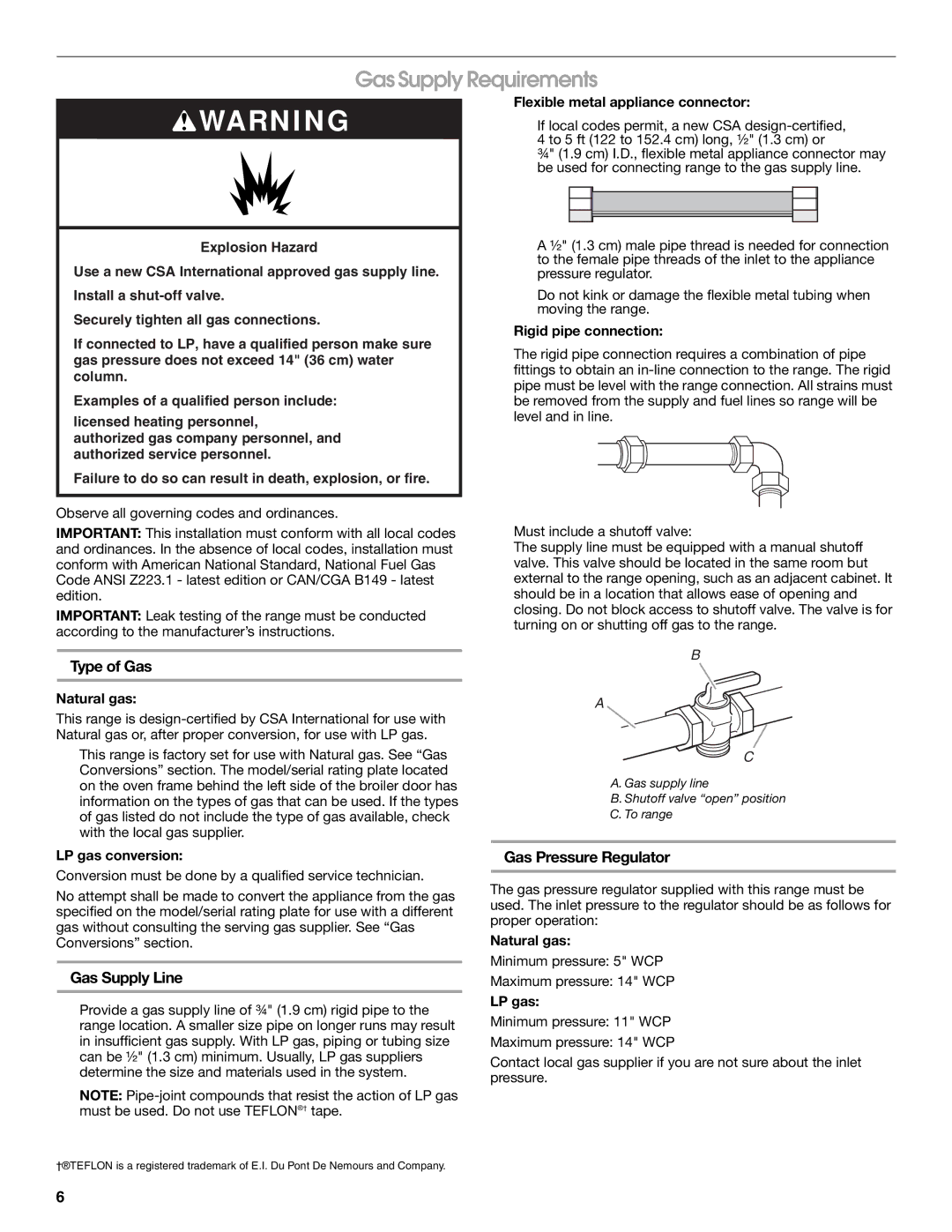 Whirlpool W10477533B Gas Supply Requirements, Type of Gas, Gas Supply Line, Gas Pressure Regulator 