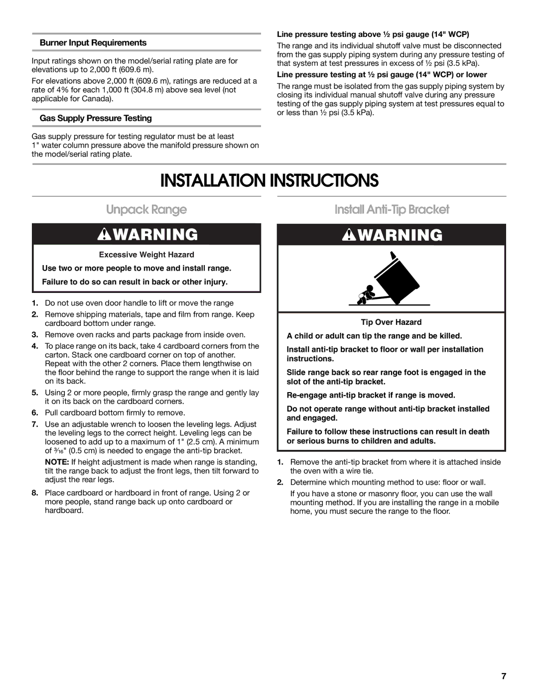 Whirlpool W10477533B Installation Instructions, Unpack Range, Install Anti-Tip Bracket, Burner Input Requirements 