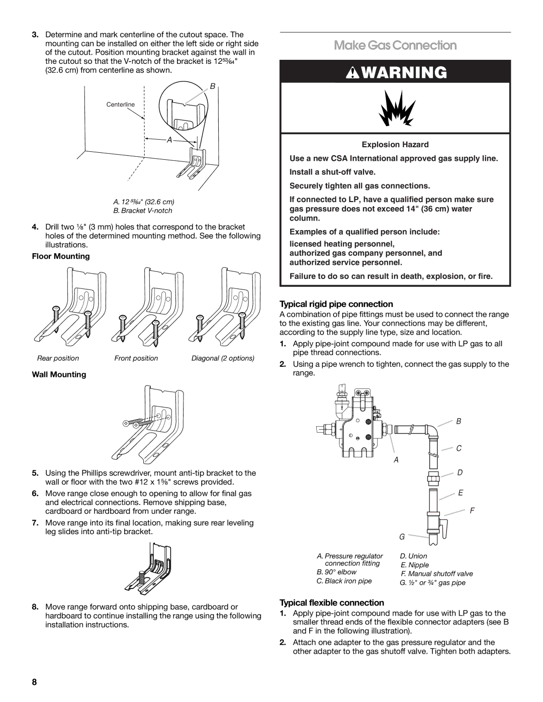 Whirlpool W10477533B Make Gas Connection, Typical rigid pipe connection, Typical flexible connection, Floor Mounting 