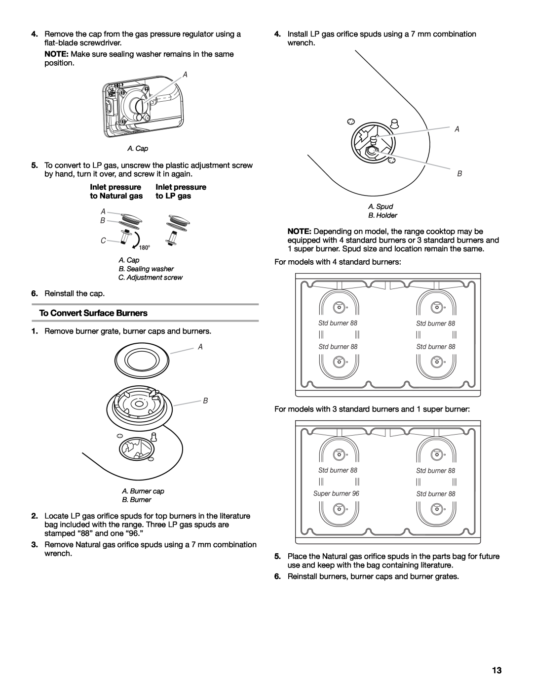 Whirlpool W10477533B installation instructions To Convert Surface Burners, Inlet pressure, to Natural gas, to LP gas, A B C 