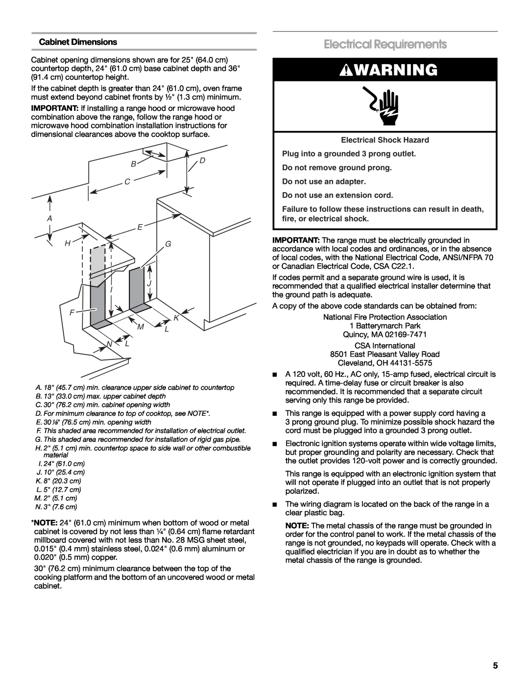 Whirlpool W10477533B installation instructions Electrical Requirements, Cabinet Dimensions, B D C A E H G J, F K M L N L 