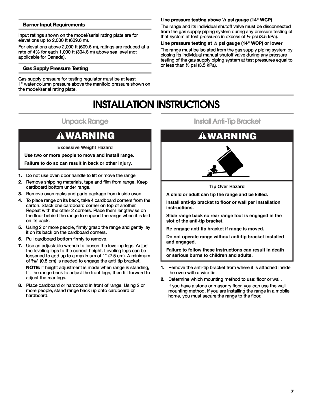Whirlpool W10477533B Installation Instructions, Unpack Range, Install Anti-Tip Bracket, Burner Input Requirements 