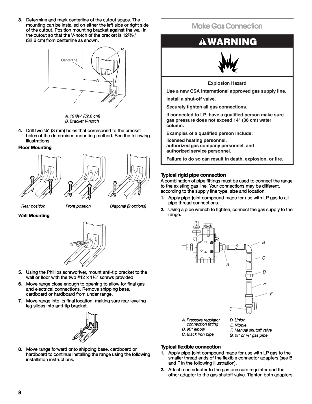 Whirlpool W10477533B Make Gas Connection, Typical rigid pipe connection, Typical flexible connection, Floor Mounting 