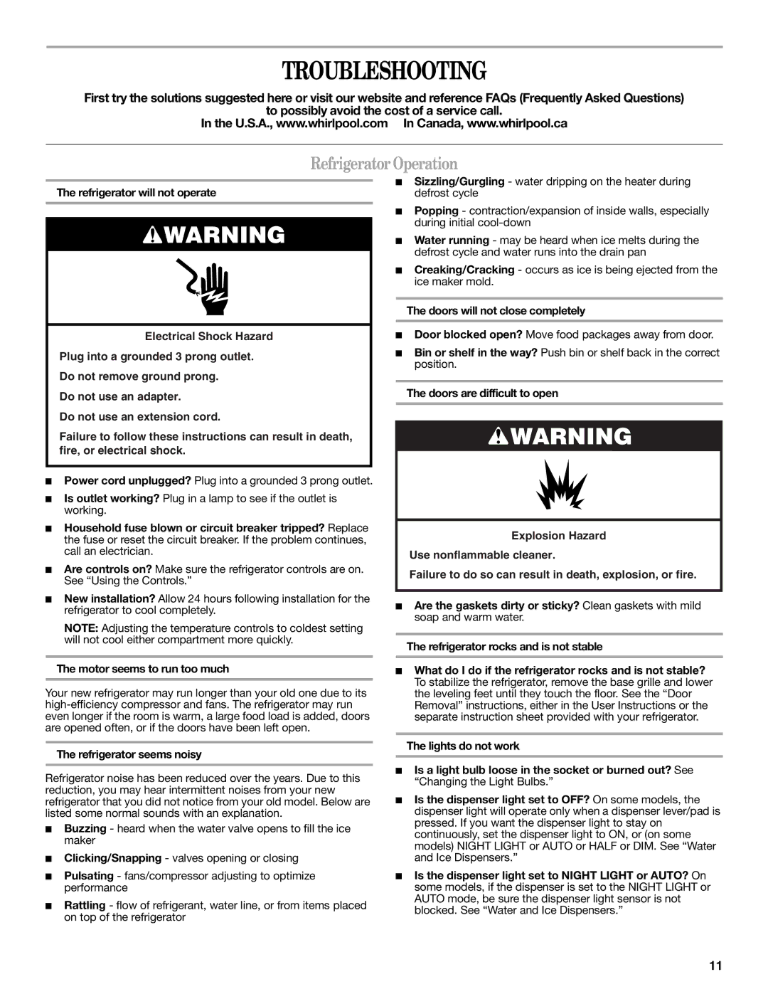 Whirlpool W10487790A Troubleshooting, Refrigerator Operation, Motor seems to run too much, Refrigerator seems noisy 