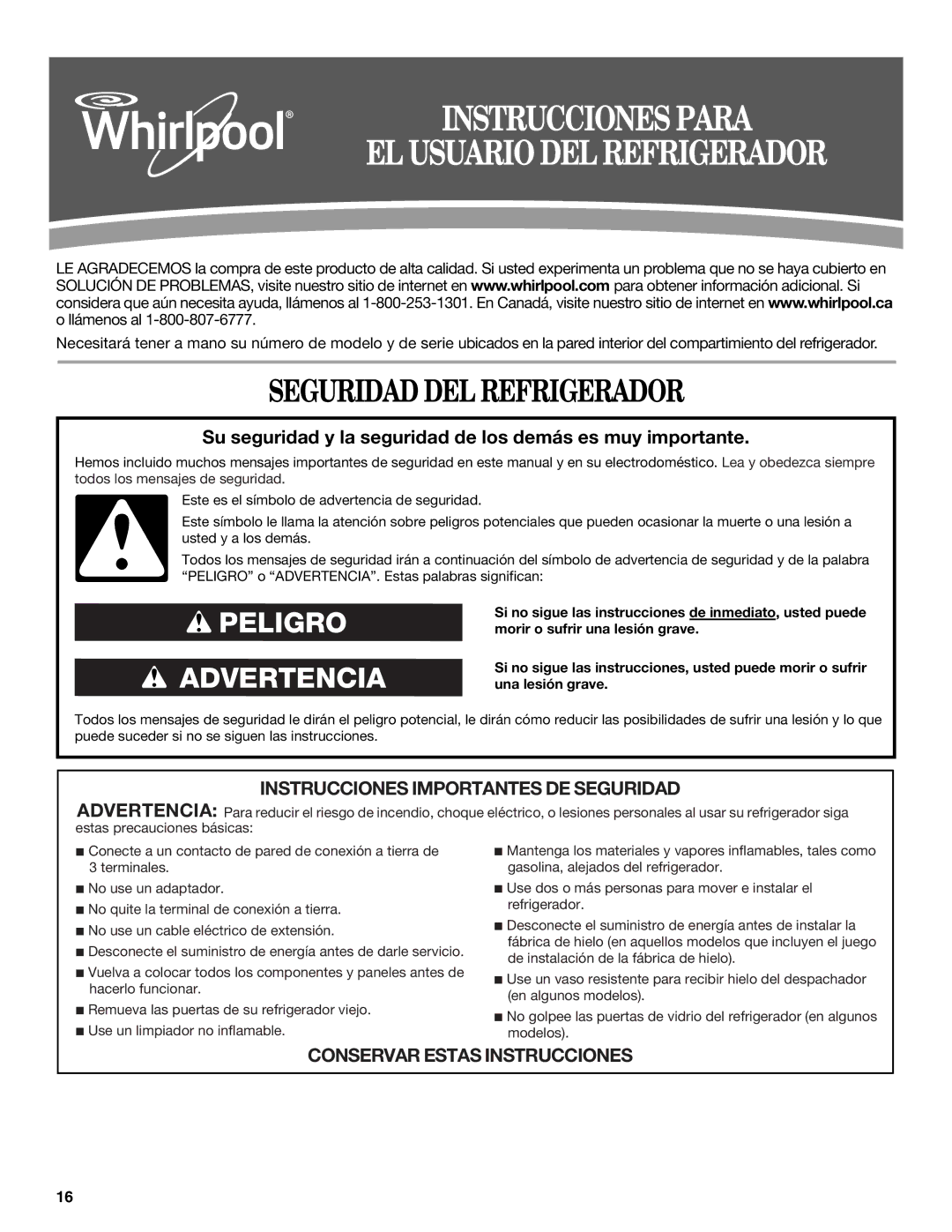 Whirlpool W10487790A warranty Instrucciones Para EL Usuario DEL Refrigerador, Seguridad DEL Refrigerador 