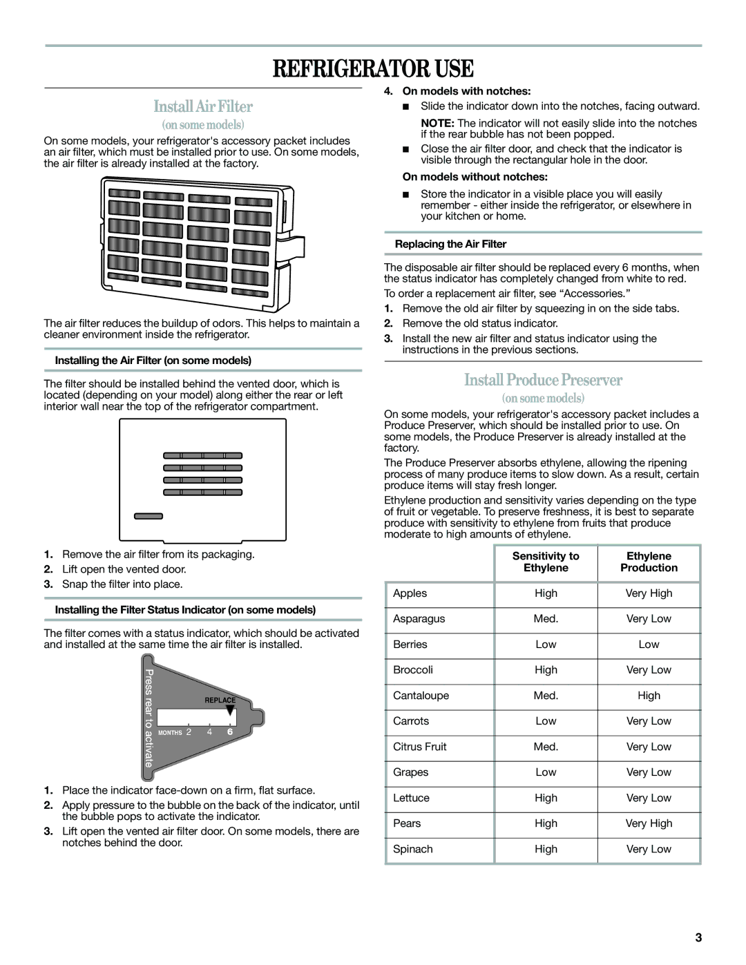 Whirlpool W10487790A warranty Refrigerator USE, Install Air Filter, Install Produce Preserver 