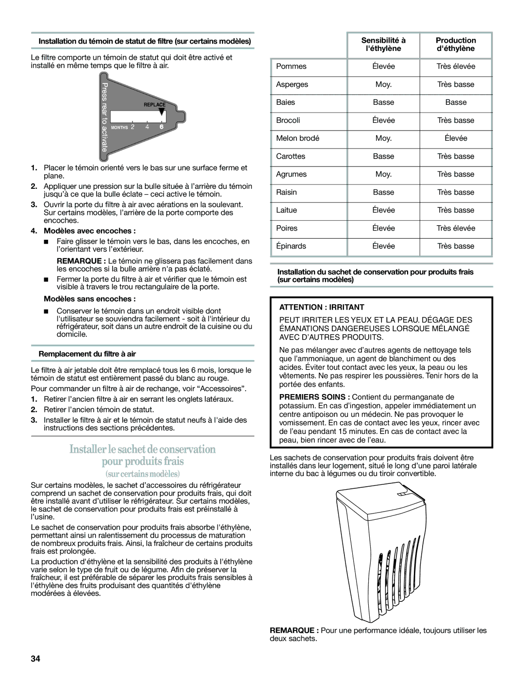 Whirlpool W10487790A Installer le sachet de conservation Pour produits frais, Modèles avec encoches, Modèles sans encoches 