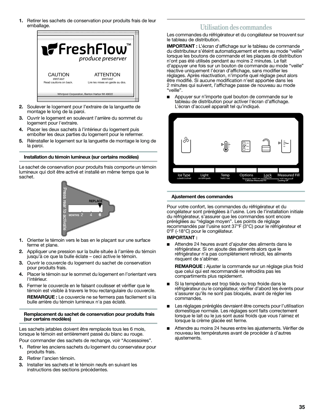 Whirlpool W10487790A warranty Utilisation des commandes, Installation du témoin lumineux sur certains modèles 