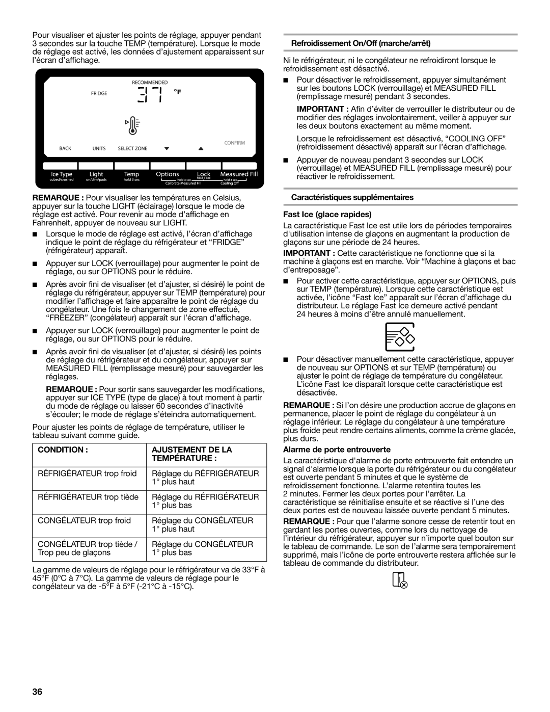 Whirlpool W10487790A warranty Condition Ajustement DE LA Température, Refroidissement On/Off marche/arrêt 