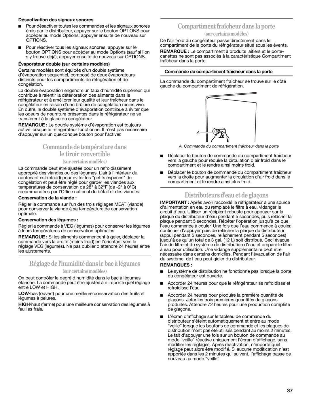 Whirlpool W10487790A Commande de température dans Le tiroir convertible, Compartiment fraîcheur dans la porte, Remarques 