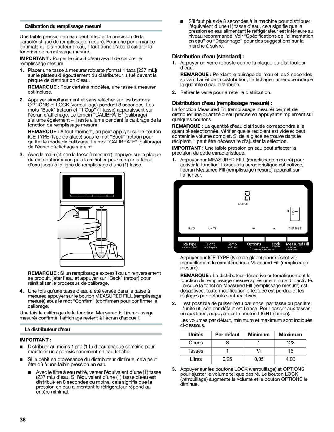 Whirlpool W10487790A Distribution deau standard, Distribution deau remplissage mesuré, Calibration du remplissage mesuré 