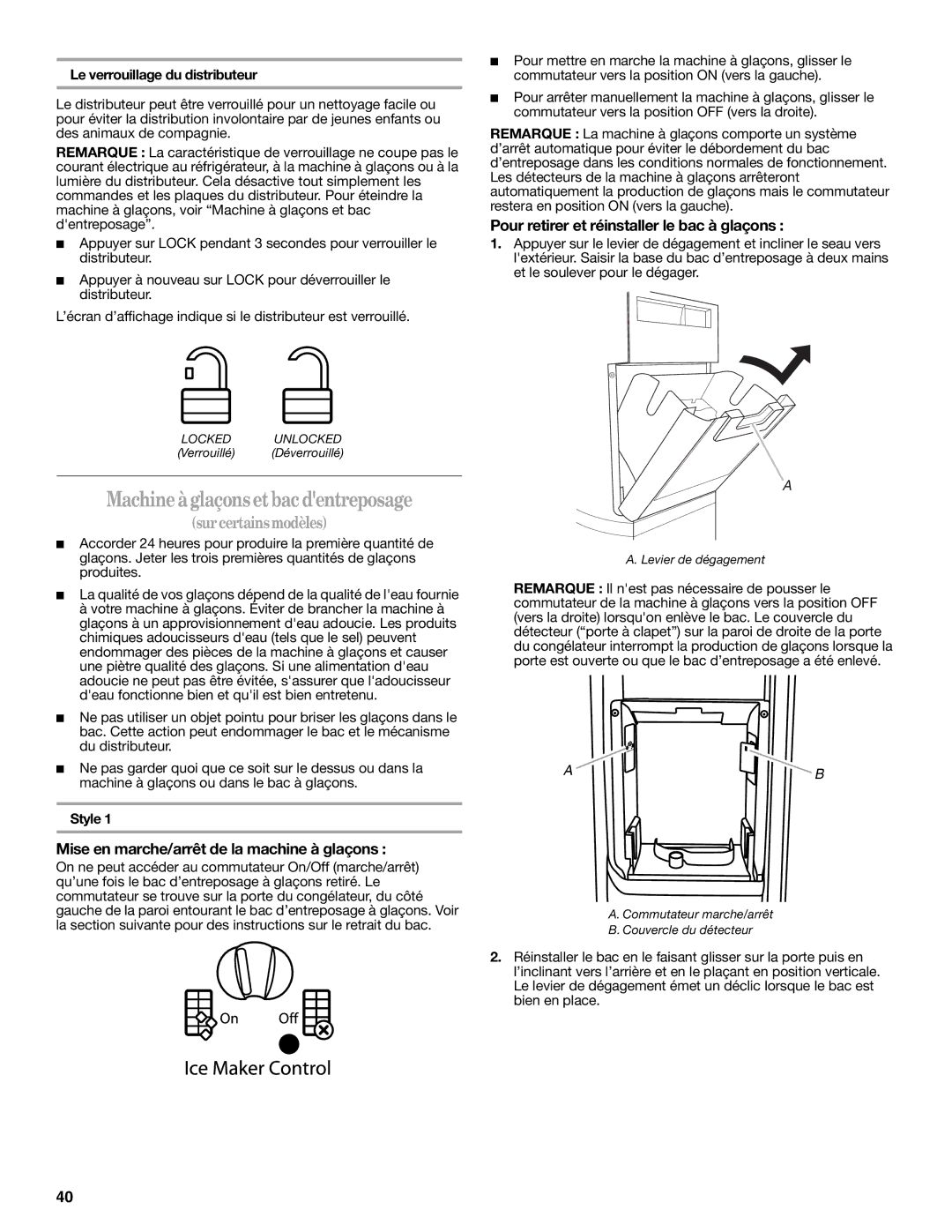 Whirlpool W10487790A warranty Machine à glaçons et bac dentreposage, Mise en marche/arrêt de la machine à glaçons 