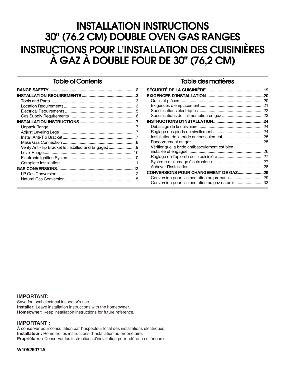 Whirlpool W10526071A installation instructions GAZ À Double Four DE 30 76,2 CM 