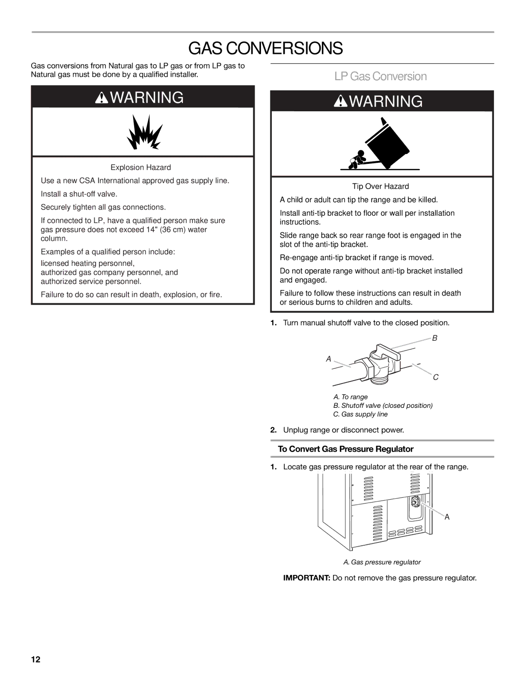 Whirlpool W10526071A installation instructions GAS Conversions, LP Gas Conversion, To Convert Gas Pressure Regulator 