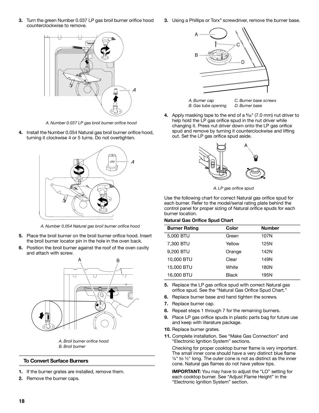 Whirlpool W10526071A To Convert Surface Burners, Natural Gas Orifice Spud Chart Burner Rating Color Number 