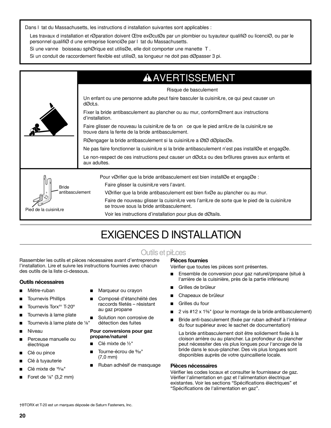 Whirlpool W10526071A Exigences D’INSTALLATION, Outils et pièces, Outils nécessaires, Pièces fournies, Pièces nécessaires 