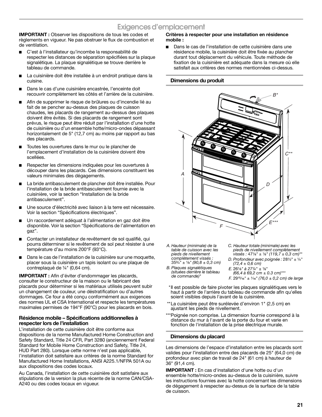 Whirlpool W10526071A installation instructions Exigences d’emplacement, Dimensions du produit, Dimensions du placard 