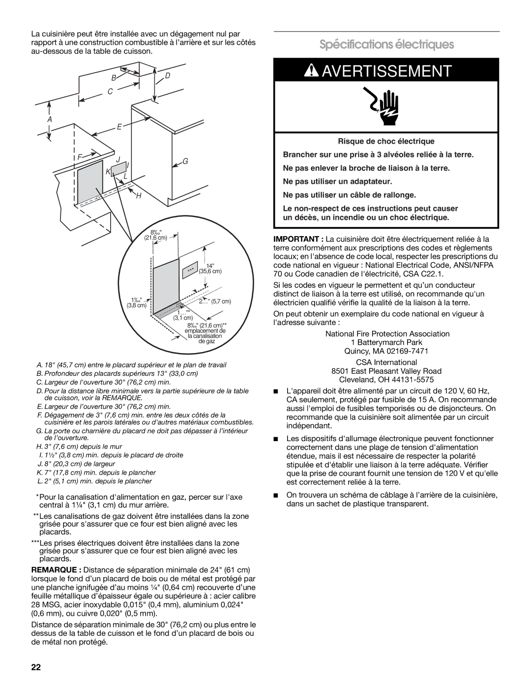 Whirlpool W10526071A installation instructions Spécifications électriques 