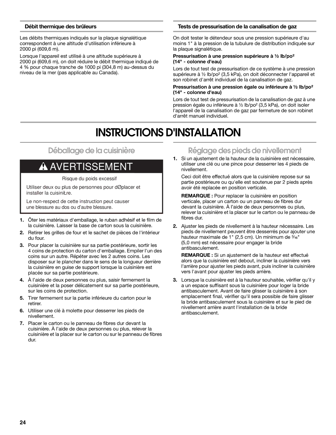 Whirlpool W10526071A Instructions Dinstallation, Déballage de la cuisinière, Réglage des pieds de nivellement 