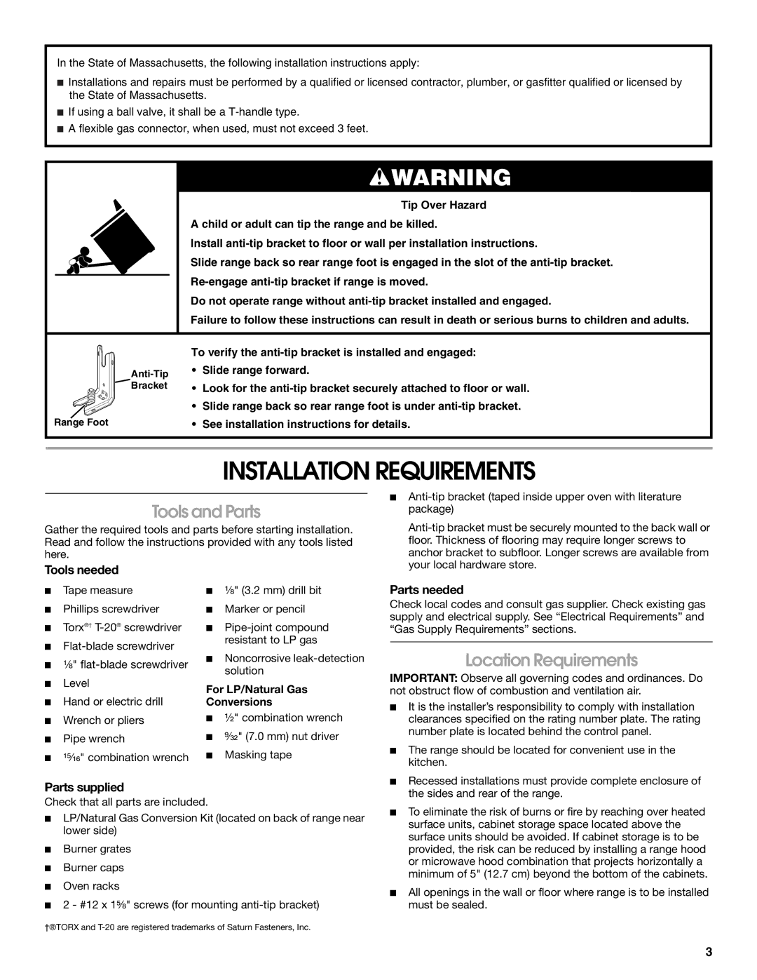 Whirlpool W10526071A installation instructions Installation Requirements, Tools and Parts, Location Requirements 