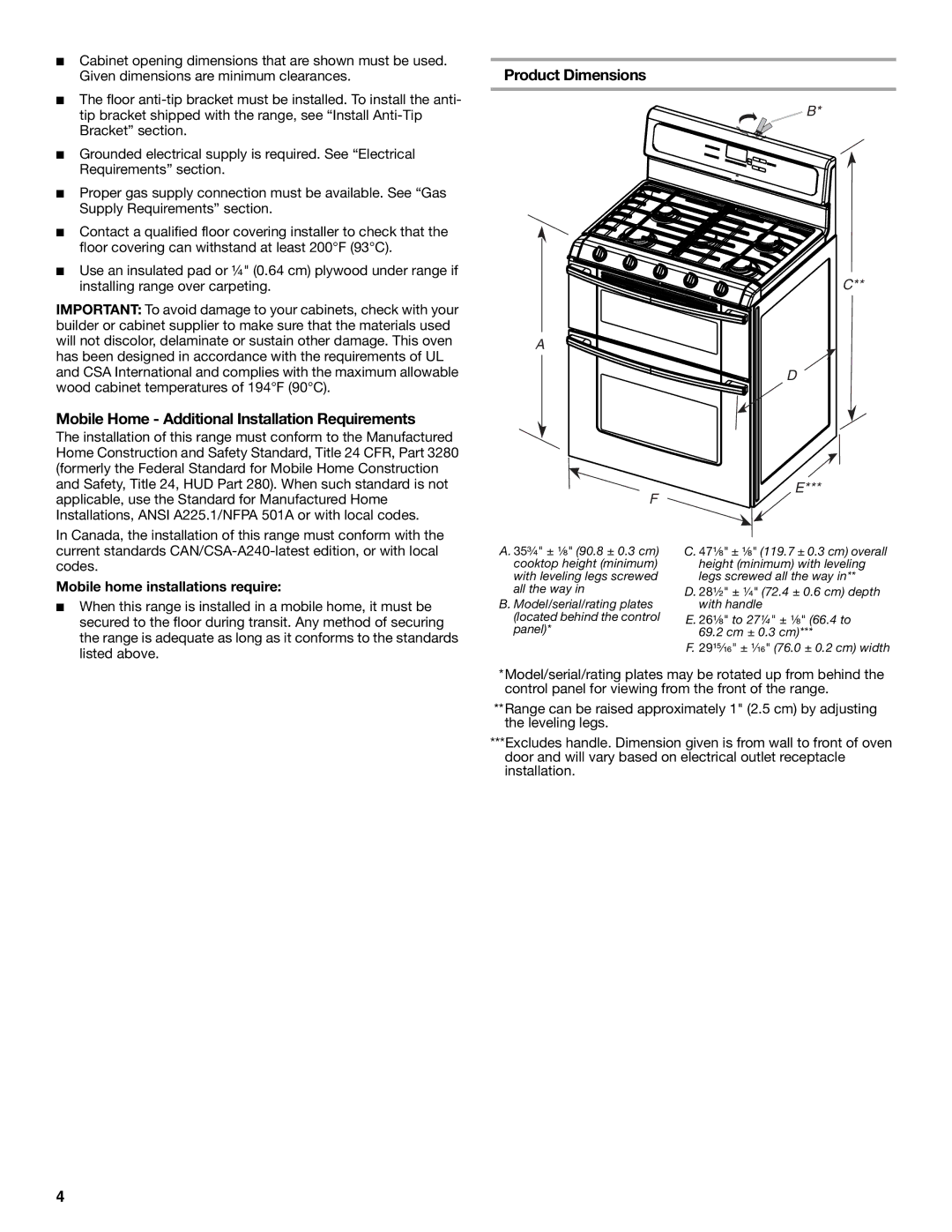 Whirlpool W10526071A installation instructions Mobile Home Additional Installation Requirements, Product Dimensions 