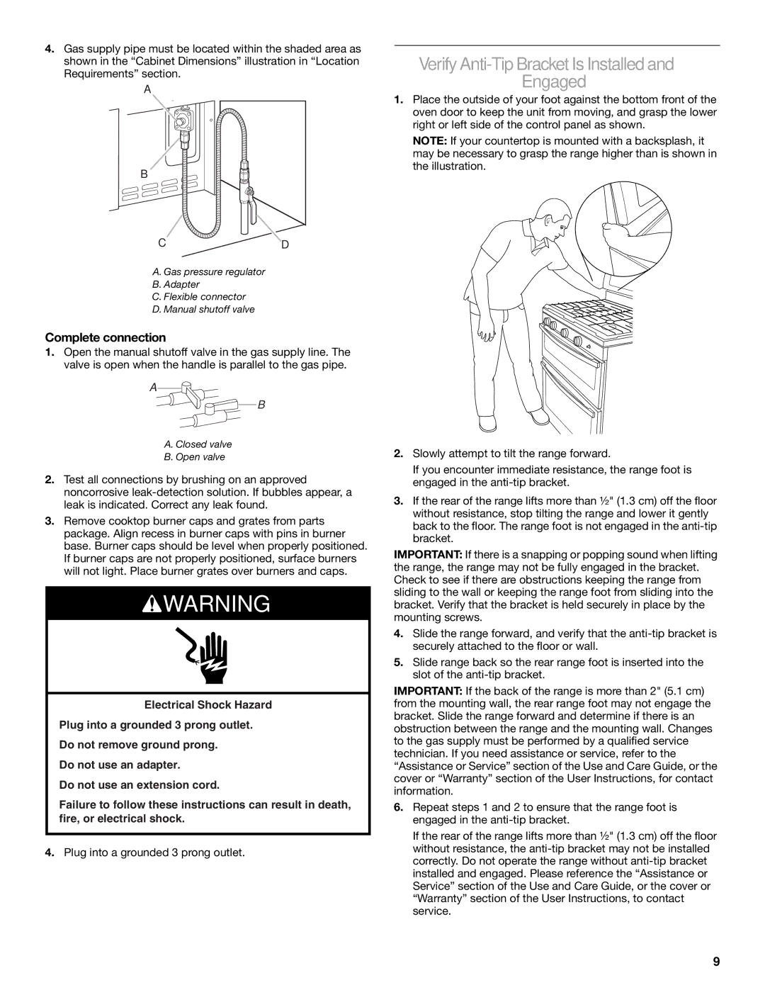 Whirlpool W10526071A installation instructions Verify Anti-Tip Bracket Is Installed Engaged, Complete connection 