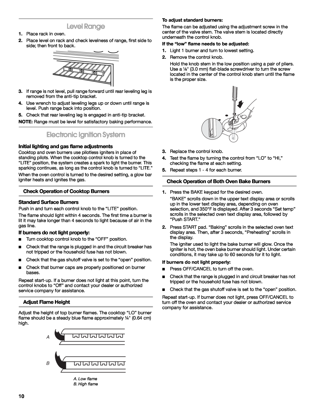Whirlpool W10526071A Level Range, Electronic Ignition System, Initial lighting and gas flame adjustments 