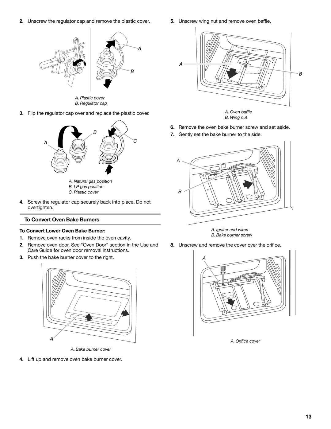 Whirlpool W10526071A installation instructions To Convert Oven Bake Burners, B A C, To Convert Lower Oven Bake Burner 