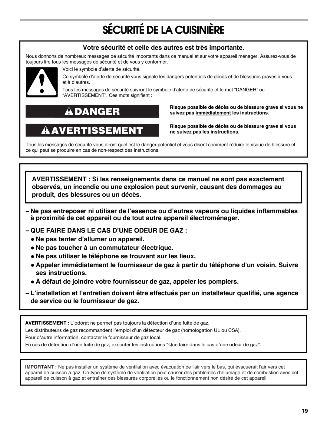 Whirlpool W10526071A installation instructions Sécurité De La Cuisinière, Danger Avertissement 