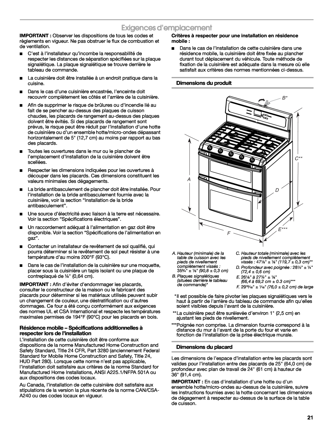 Whirlpool W10526071A installation instructions Exigences d’emplacement, Dimensions du produit, Dimensions du placard, B D E 