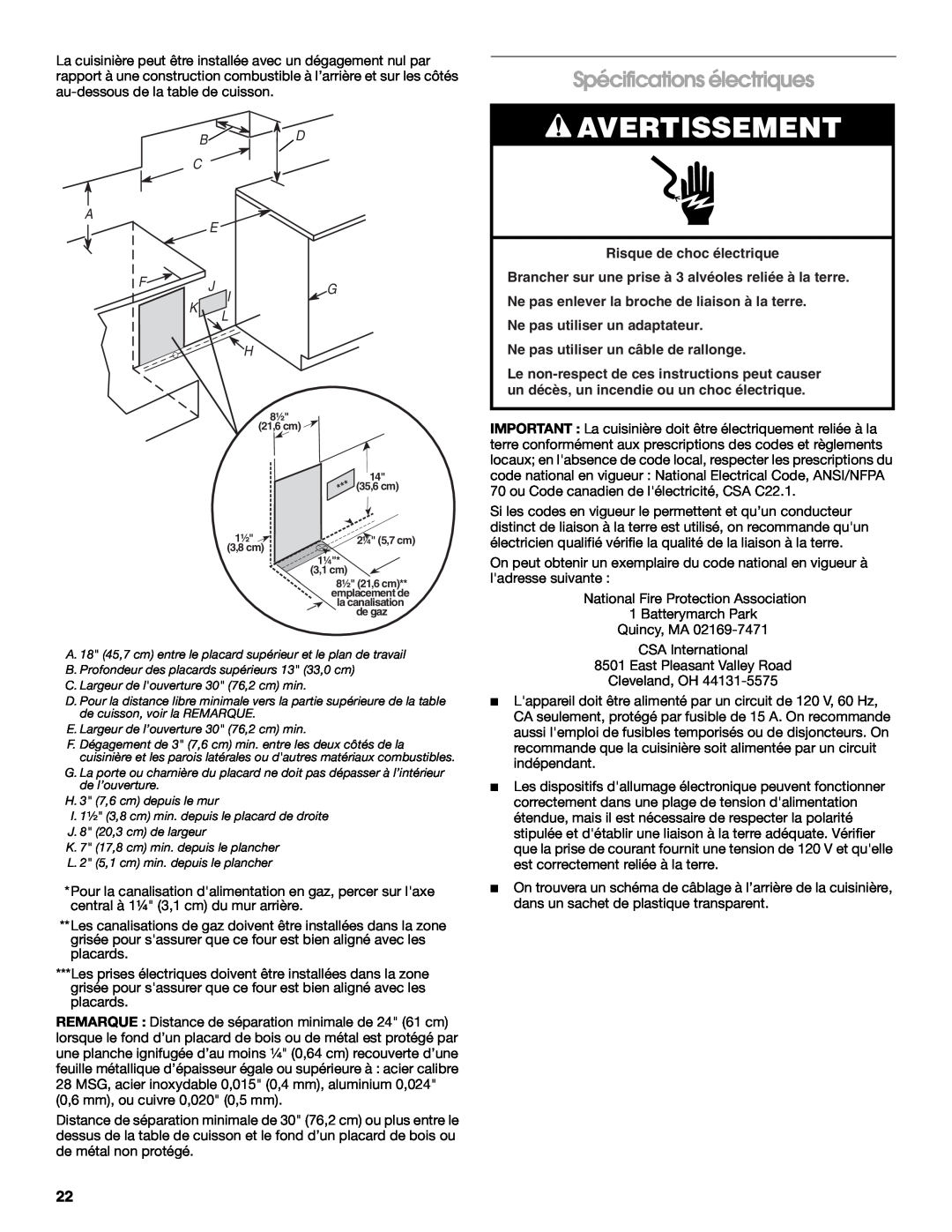 Whirlpool W10526071A installation instructions Spécifications électriques, Avertissement, Ne pas utiliser un adaptateur 