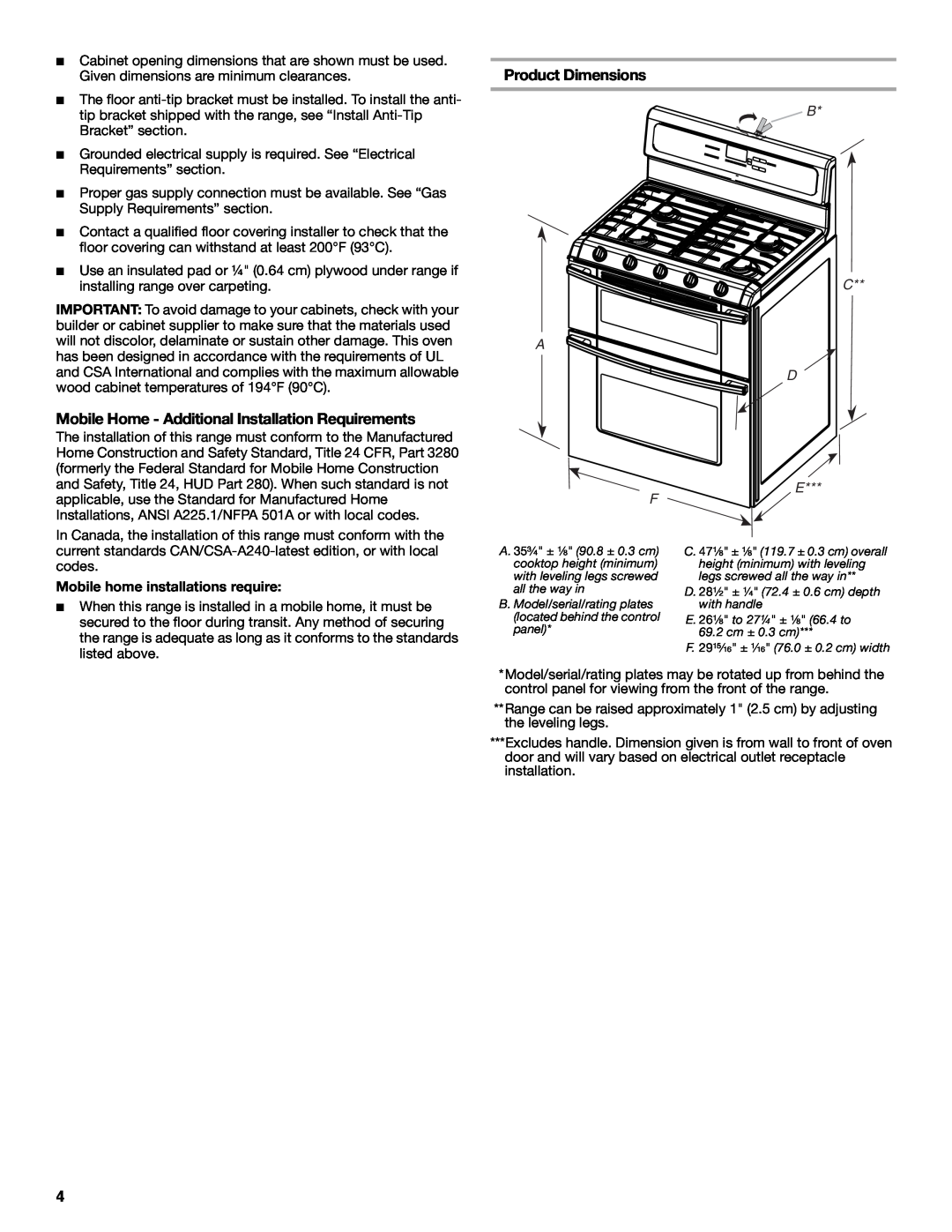Whirlpool W10526071A installation instructions Product Dimensions, Mobile home installations require, B C A D 