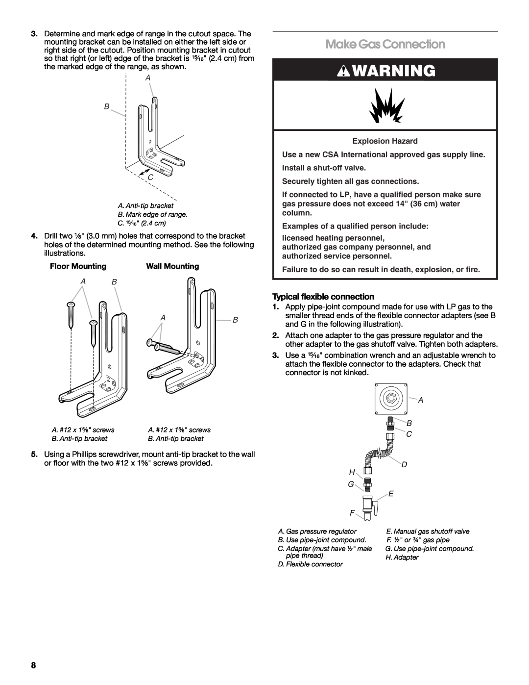 Whirlpool W10526071A installation instructions Make Gas Connection, Typical flexible connection, A B C, A B Ab 