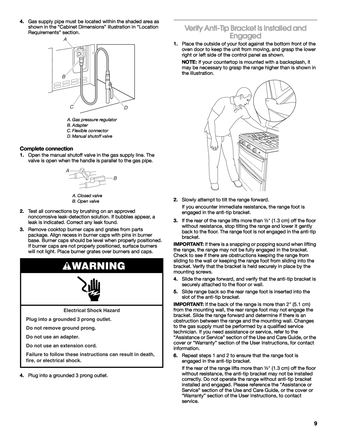 Whirlpool W10526071A installation instructions Verify Anti-TipBracket Is Installed and Engaged, Complete connection, B Cd 