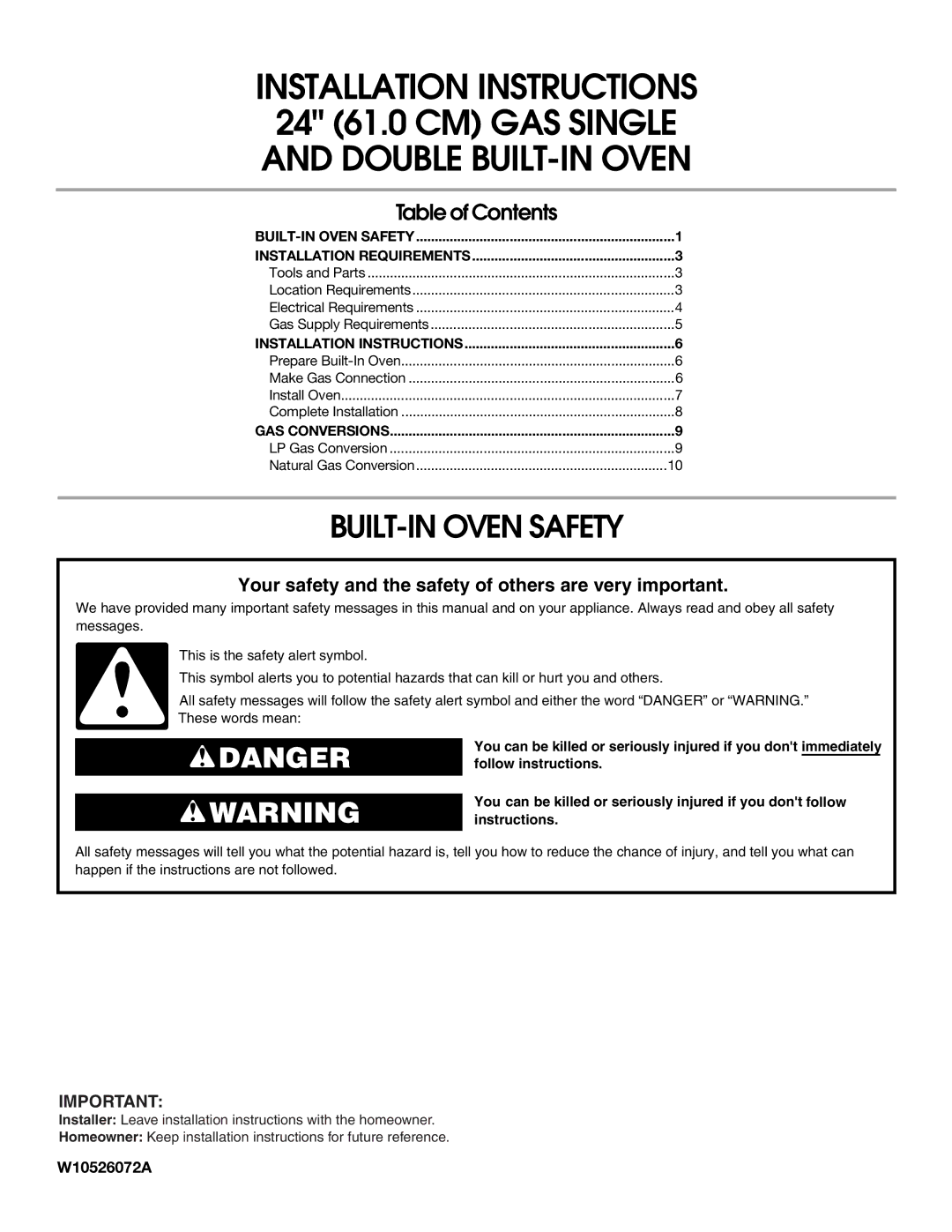 Whirlpool W10526072A installation instructions BUILT-IN Oven Safety, Table of Contents 