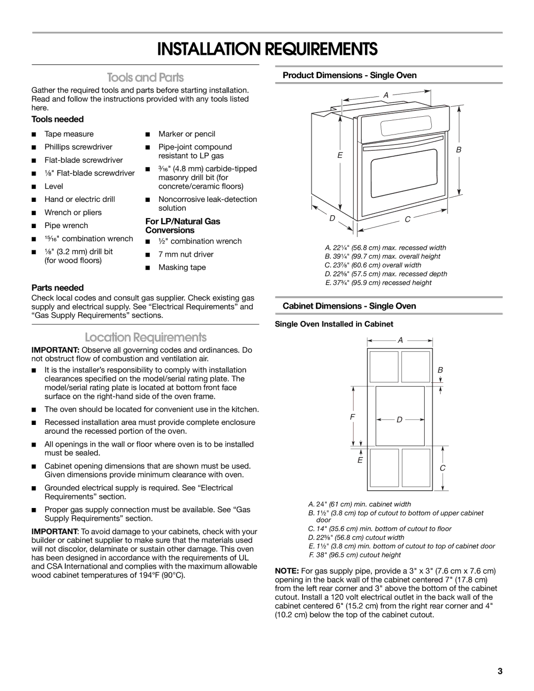 Whirlpool W10526072A installation instructions Installation Requirements, Tools and Parts, Location Requirements 