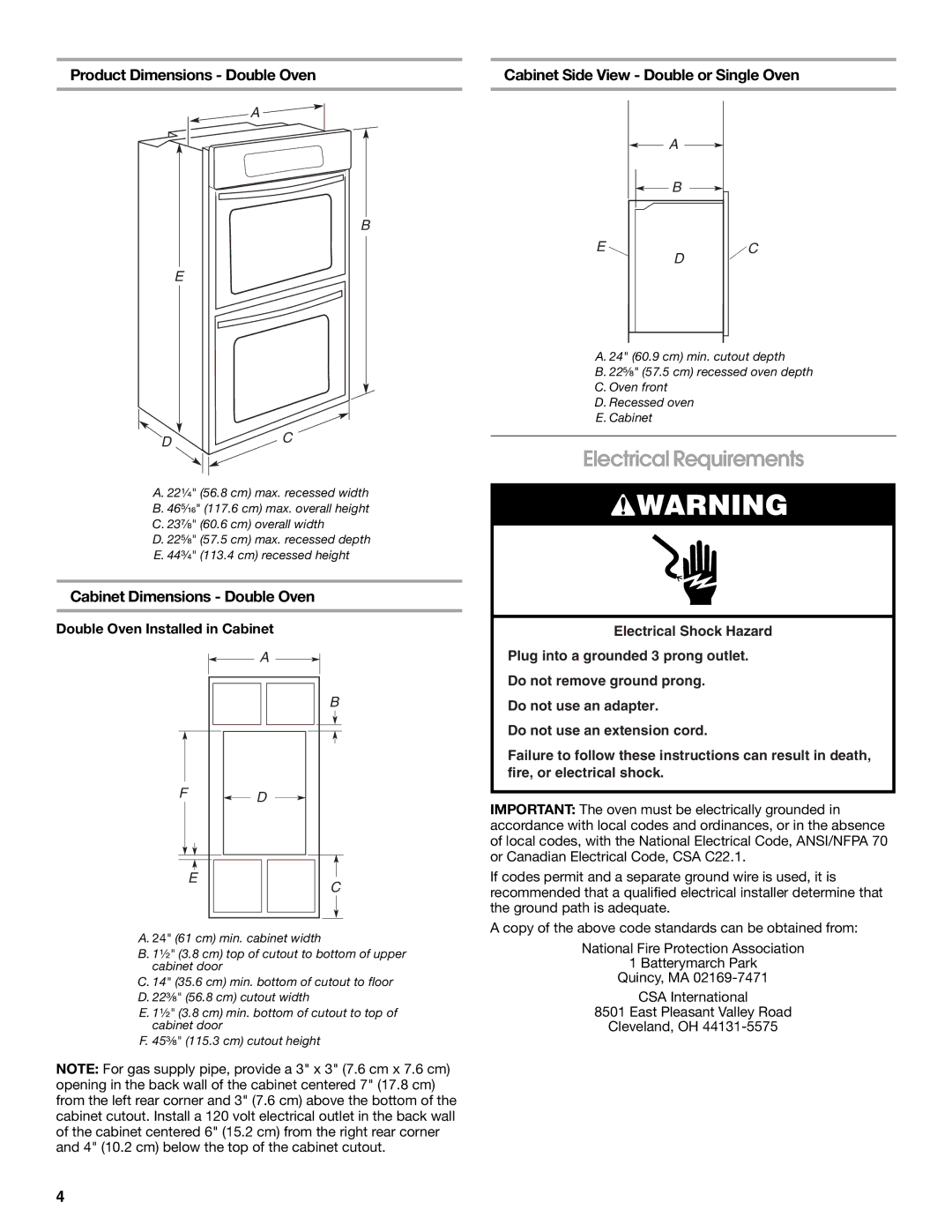 Whirlpool W10526072A Electrical Requirements, Product Dimensions Double Oven, Cabinet Dimensions Double Oven 