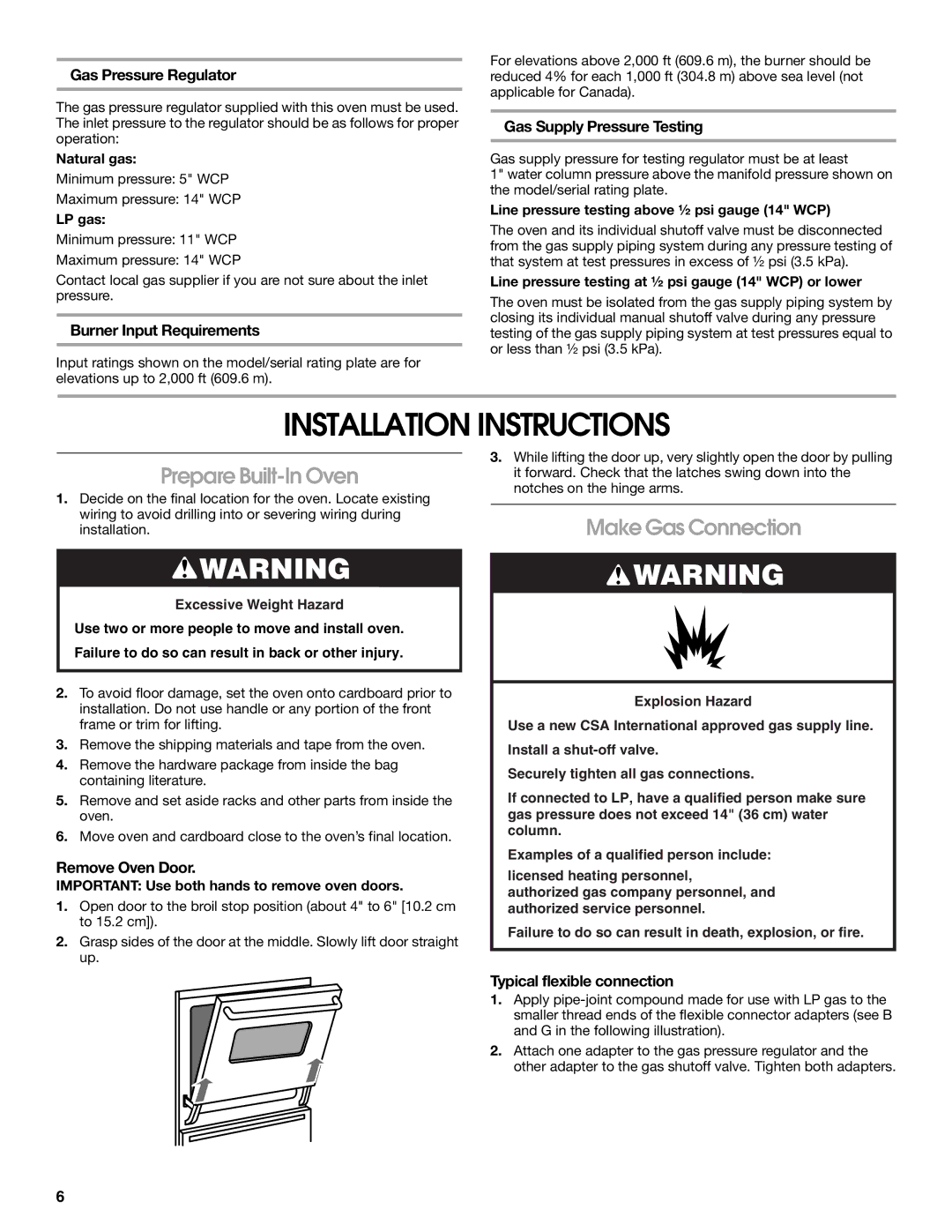 Whirlpool W10526072A installation instructions Installation Instructions, Prepare Built-In Oven, Make Gas Connection 