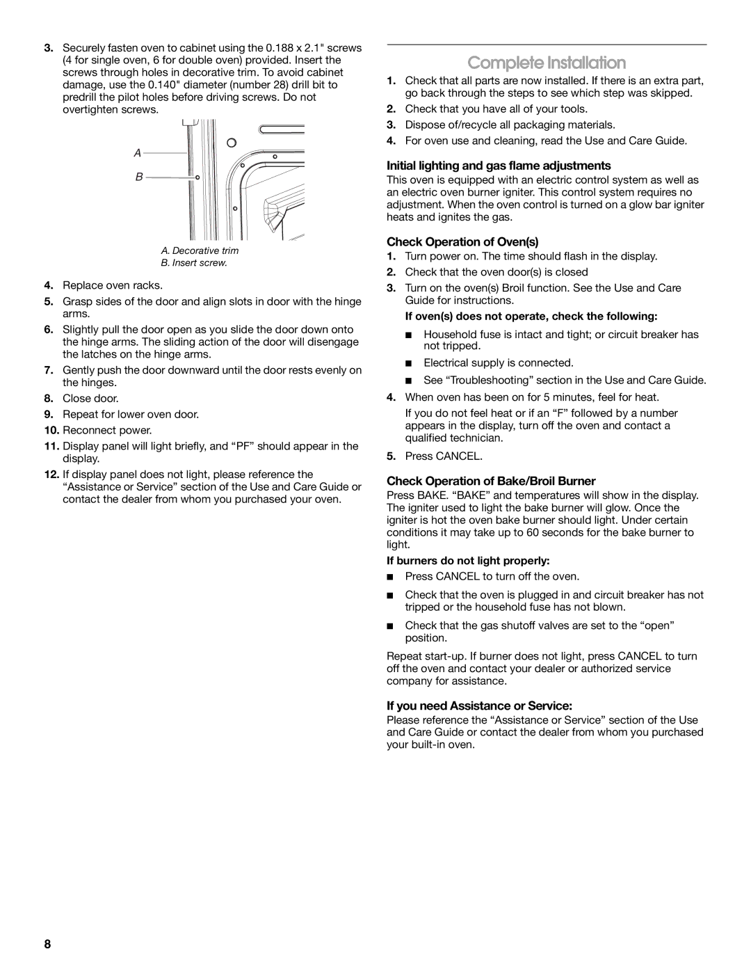 Whirlpool W10526072A Complete Installation, Initial lighting and gas flame adjustments, Check Operation of Ovens 