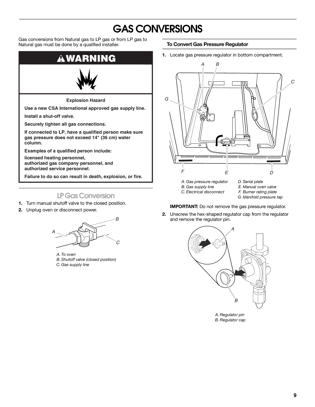 Whirlpool W10526072A installation instructions GAS Conversions, LP Gas Conversion, To Convert Gas Pressure Regulator 