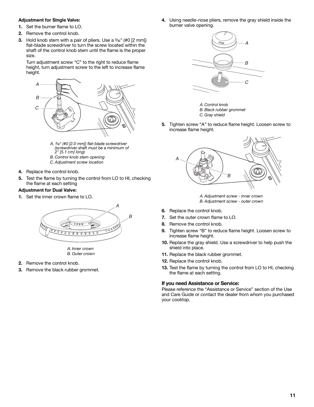 Whirlpool W10526085A If you need Assistance or Service, Adjustment for Single Valve, Adjustment for Dual Valve 