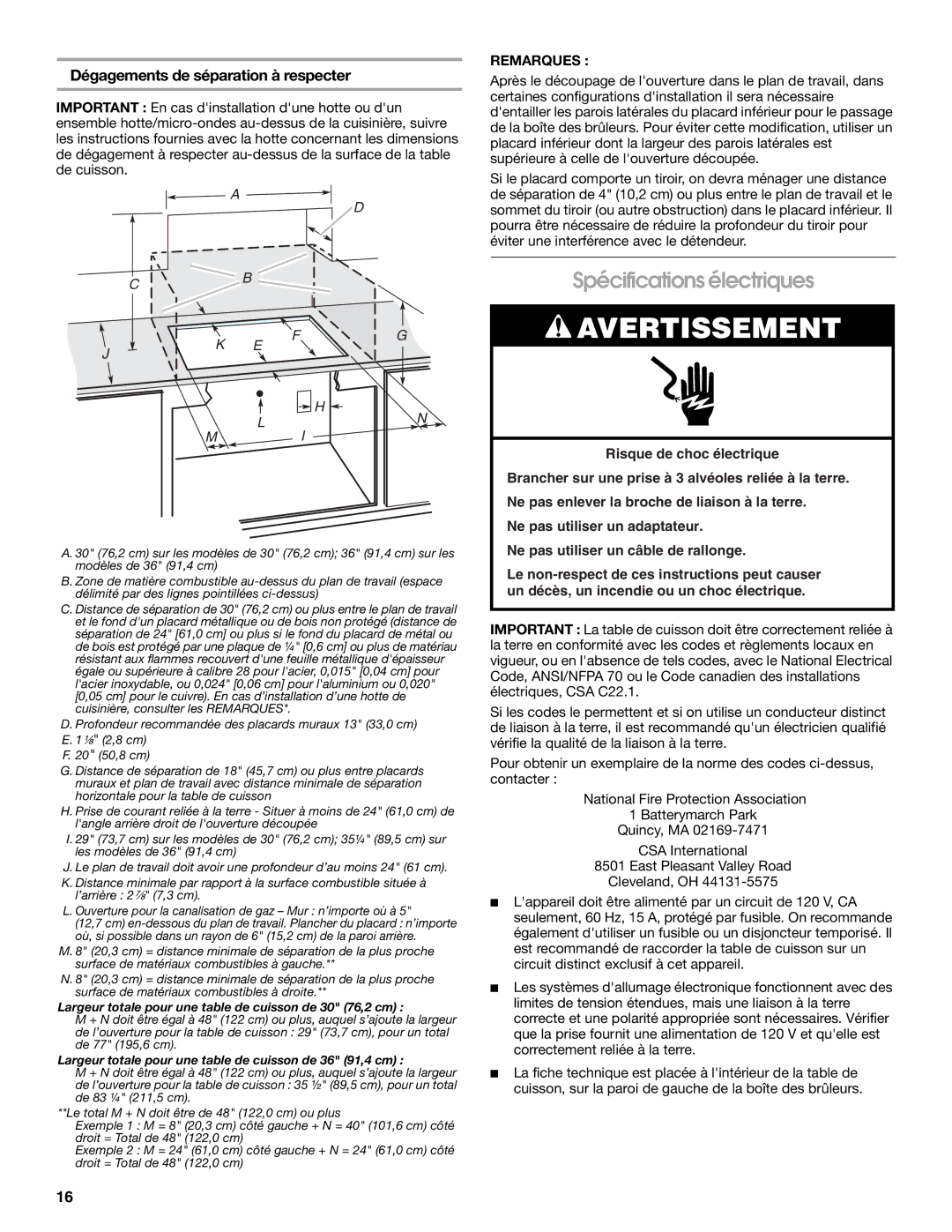 Whirlpool W10526085A installation instructions Spécifications électriques, Dégagements de séparation à respecter 