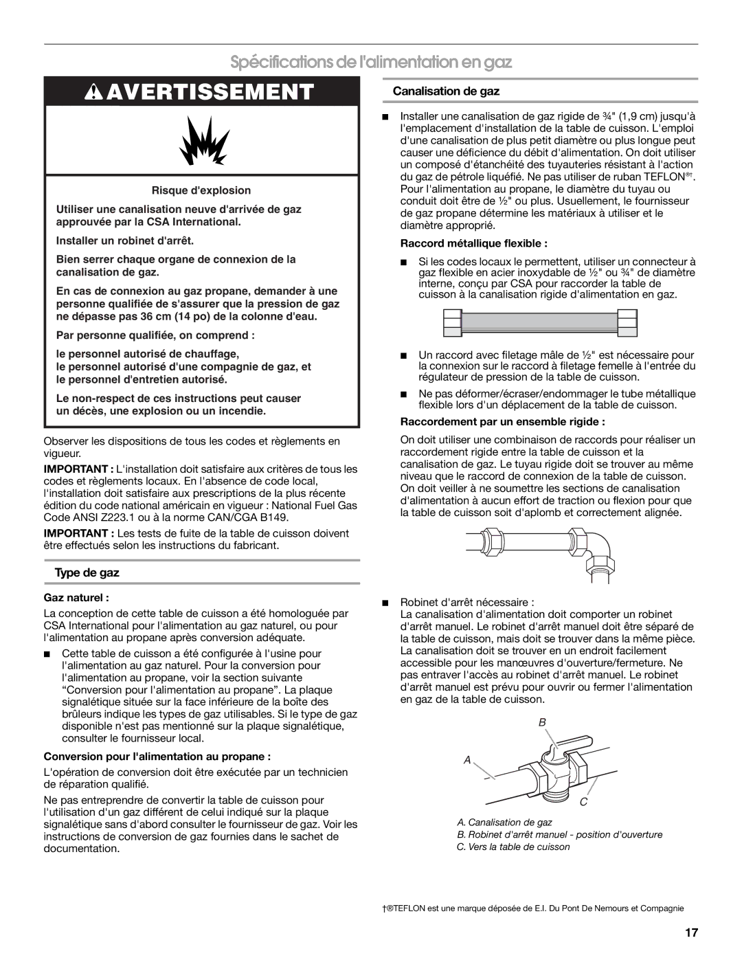 Whirlpool W10526085A installation instructions Spécifications de lalimentation en gaz, Canalisation de gaz, Type de gaz 